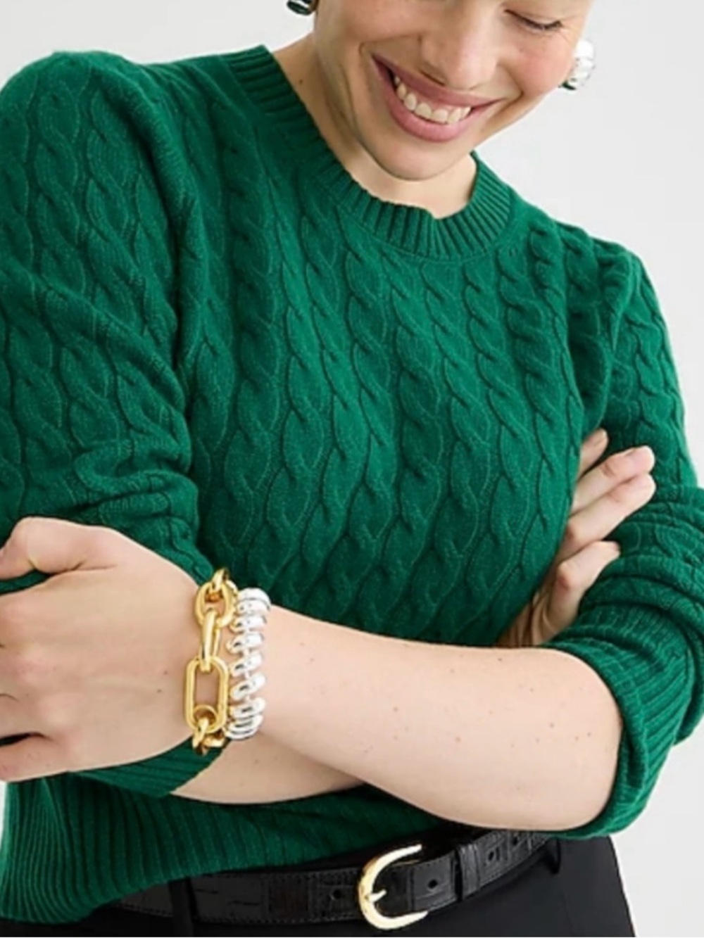 J. Crew 100% cashmere sweater green cable knit “shrunken fit” size S